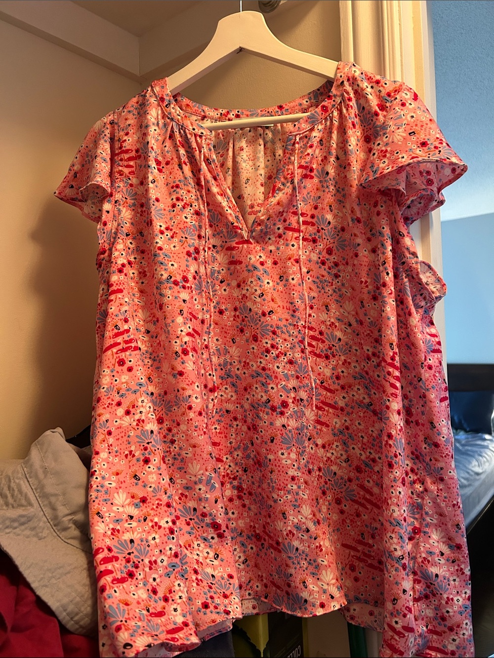 Women’s Pink Floral Blouse with Flutter Sleeves